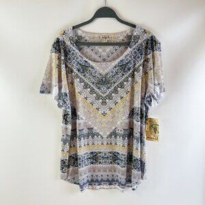 One World Womens Shirt Top 2X Boho Studded Short Sleeve OW8